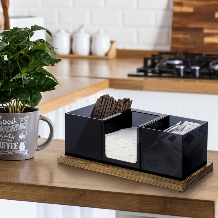 Nur 28.79 EUR für Modular Coffee and Tea Station Organizer with 3 Removable  Black Acrylic Compartments and Burnt Wood Decorative Tray Online im Shop.